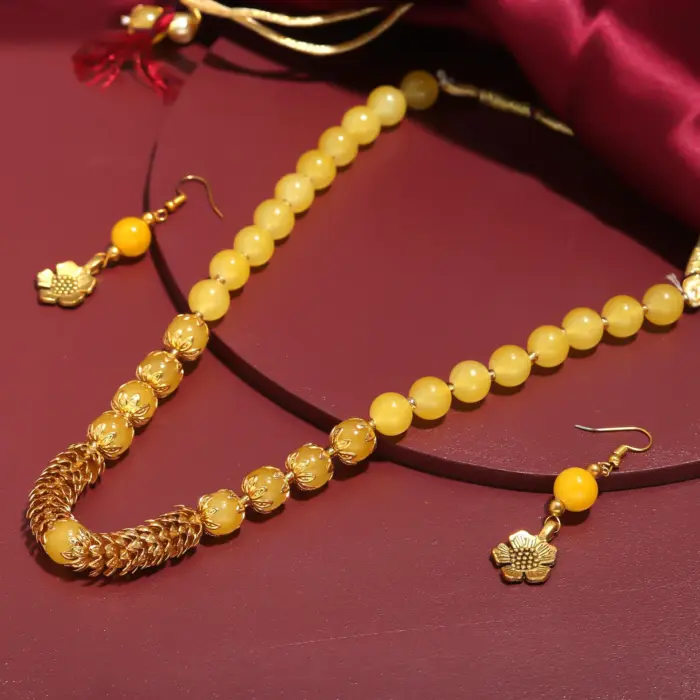 Rajasthni Yellow Beads Mala Necklace Set For Women And Girls - Image 1