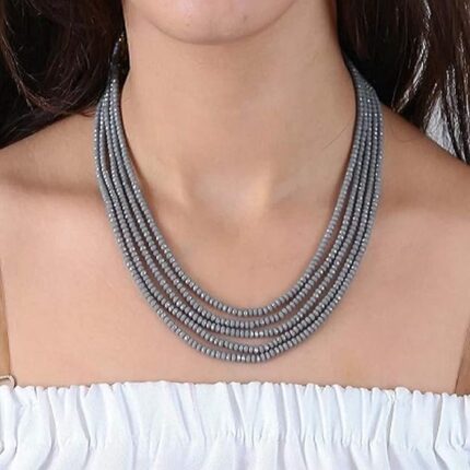 5-Line Grey Crystal Beaded Necklace – Elegant Layered Design for Women