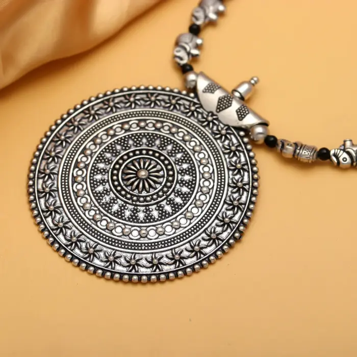 Rajasthni Antique Silver-Plated Tribal Elephant Pendant Necklace - Image 2