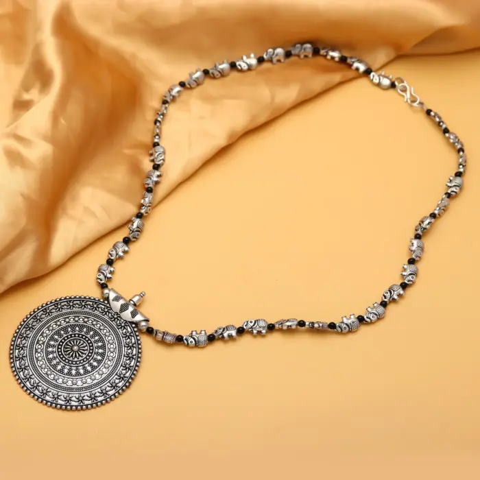 Rajasthni Antique Silver-Plated Tribal Elephant Pendant Necklace - Image 1