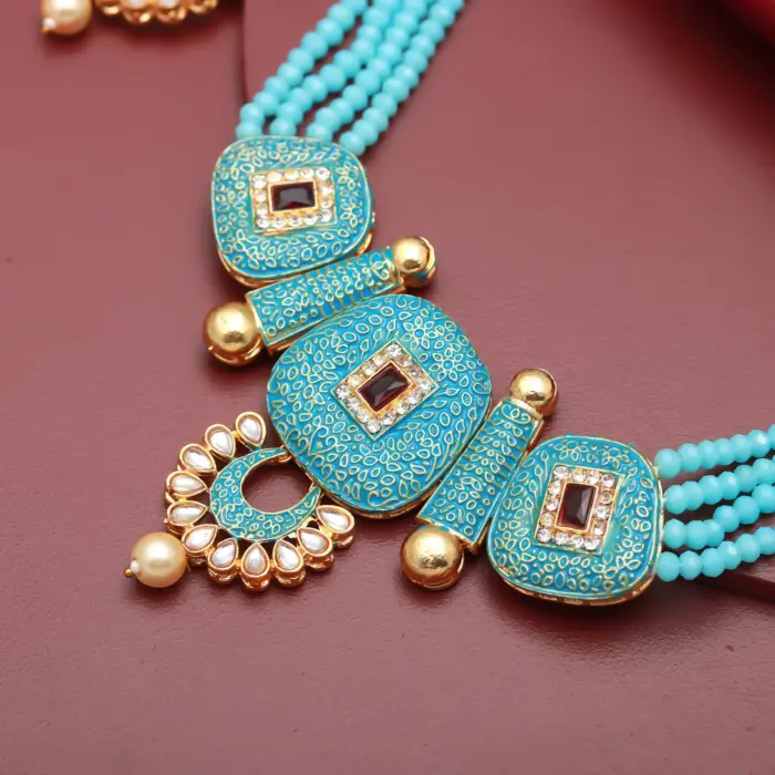 Rajasthni Sky Blue Crystal Necklace Set For Women And Girls - Image 2