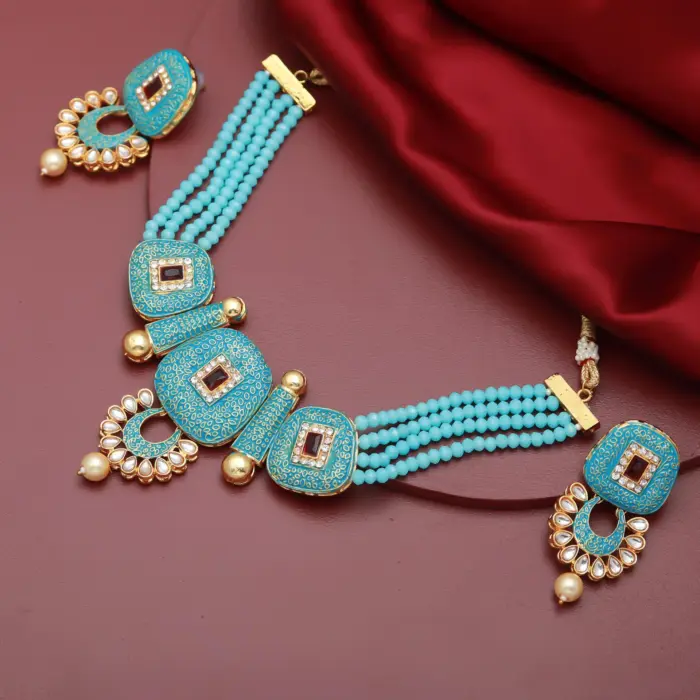 Rajasthni Sky Blue Crystal Necklace Set For Women And Girls - Image 1