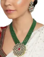 Qkatika Rajasthani Wedding Kundan Necklace Set with Green Beads & Earrings